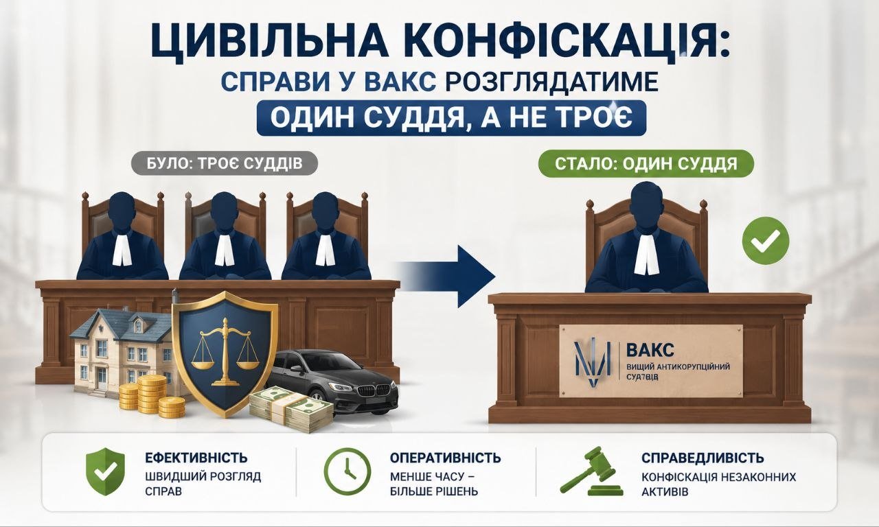 Інфографіка: цивільна конфіскація у ВАКС переходить від розгляду трьома суддями до одного, що прискорить конфіскацію незаконних активів.