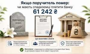 Якщо поручитель помер, на зображенні видно надгробок, договір поруки, банк та гроші, що символізує припинення відповідальності спадкоємців за кредит.