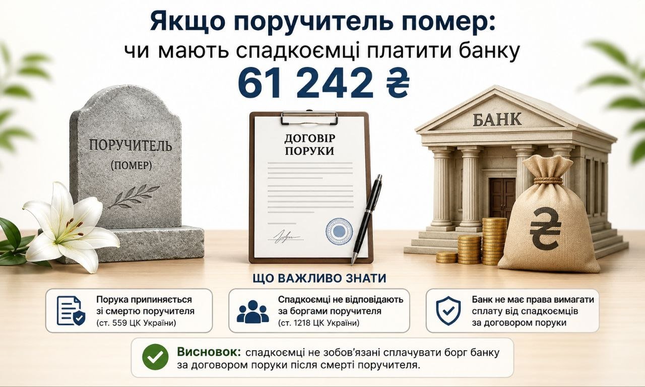 Якщо поручитель помер, на зображенні видно надгробок, договір поруки, банк та гроші, що символізує припинення відповідальності спадкоємців за кредит.