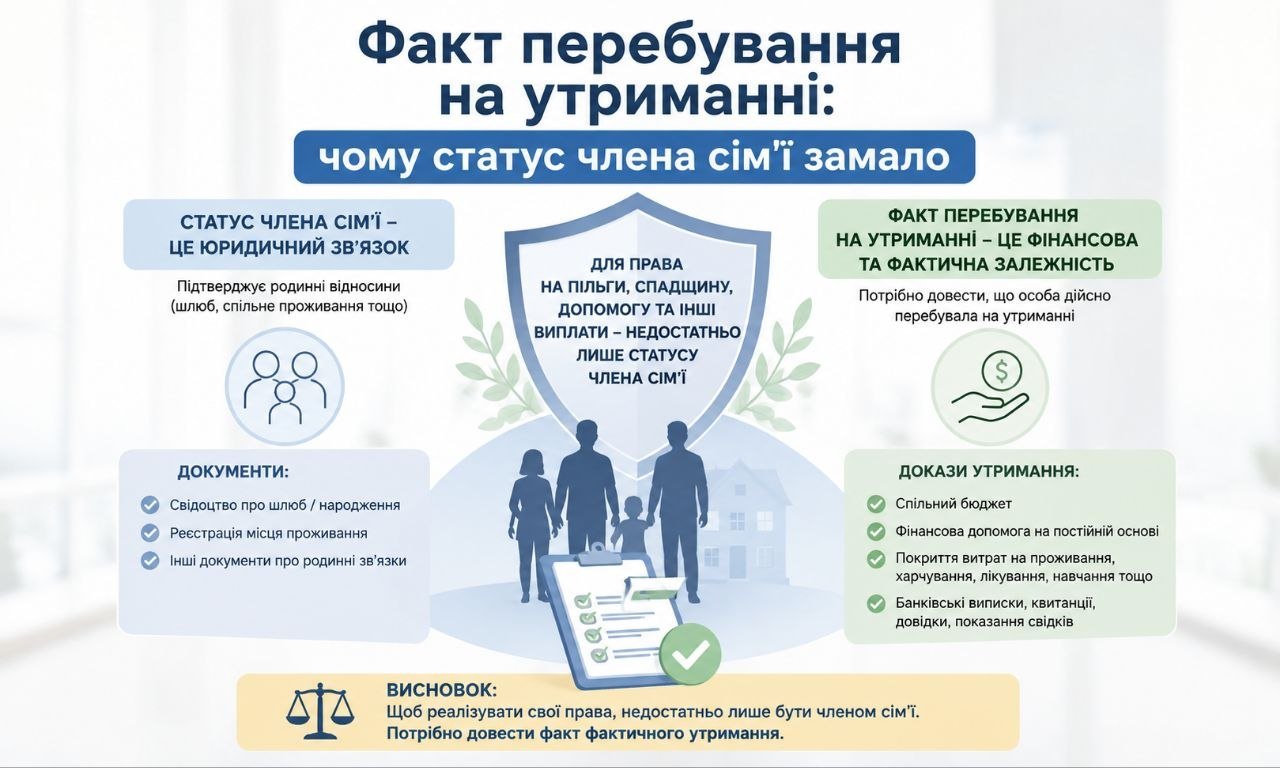 Інфографіка, що пояснює, чому для отримання виплат недостатньо статусу члена сім'ї та як довести факт перебування на утриманні через фінансову залежність.