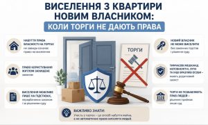 Інфографіка про виселення з квартири новим власником, що ілюструє захист прав мешканців після торгів, з дверима, коробками, щитом правосуддя та перекресленим документом "Торги".
