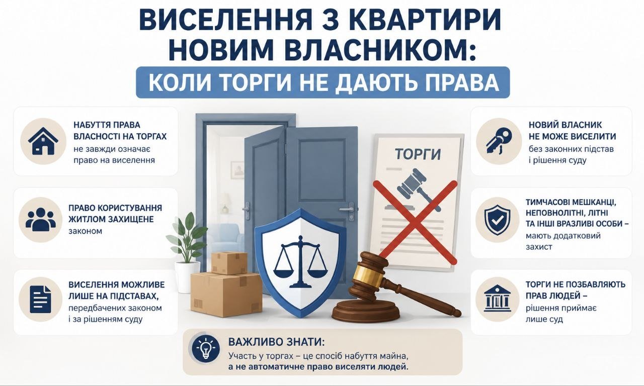 Інфографіка про виселення з квартири новим власником, що ілюструє захист прав мешканців після торгів, з дверима, коробками, щитом правосуддя та перекресленим документом "Торги".