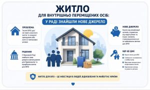 Інфографіка про житло для внутрішньо переміщених осіб, що ілюструє проблему, рішення та нове джерело фінансування з місцевих бюджетів.