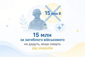 Ілюстрація: 15 млн за загиблого військового не виплатять, якщо смерть настала від хвороби. Зображено солдата, перекреслені 15 млн та медичний хрест.