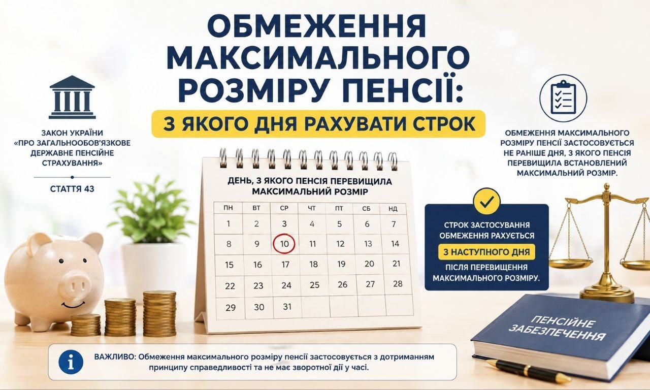 Інфографіка про обмеження максимального розміру пенсії, що показує календар, скарбничку, ваги та посилання на закон, пояснюючи правила відліку строку.