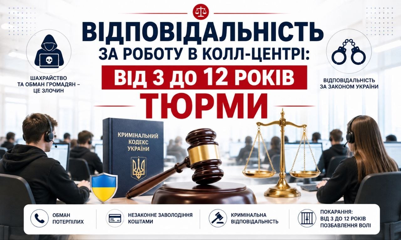 Зображення кол-центру з операторами, Кримінальним кодексом, терезами та молотком, що ілюструє відповідальність за роботу в кол-центрі та покарання від 3 до 12 років тюрми.