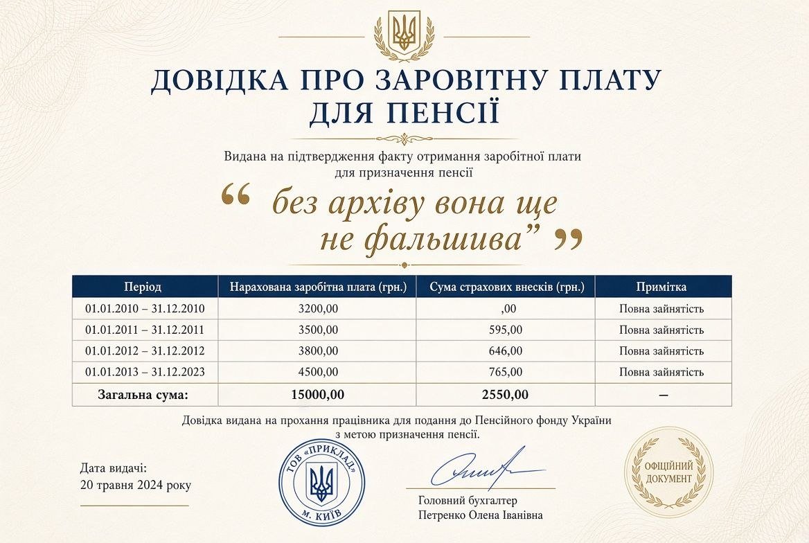 Довідка про заробітну плату для пенсії з таблицею нарахувань, підписом бухгалтера та печаткою, що ілюструє її чинність навіть без архіву.