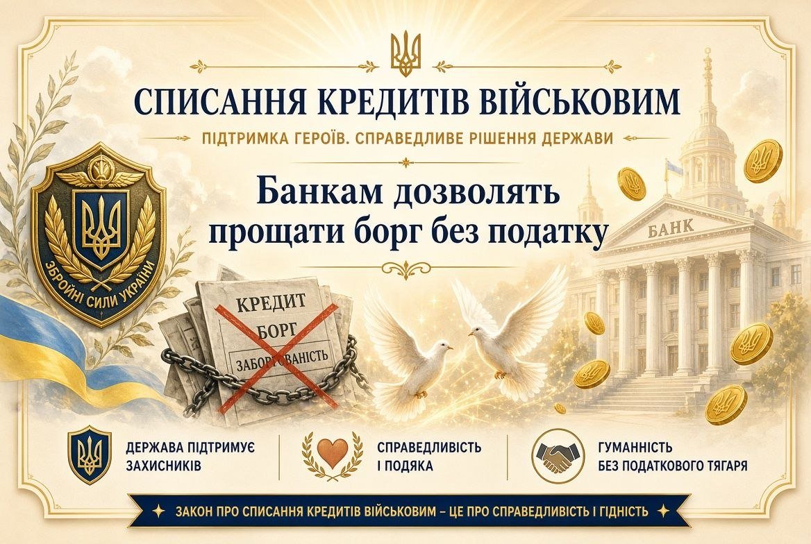 Графічне зображення списання кредитів військовим: перекреслений документ "КРЕДИТ БОРГ", герб ЗСУ, банк та голуби.