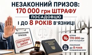 Рука зупиняє незаконний призов, порушення закону, поруч Кримінальний кодекс, терези правосуддя, наручники та інформація про штраф 170 тис. грн і до 8 років в'язниці.