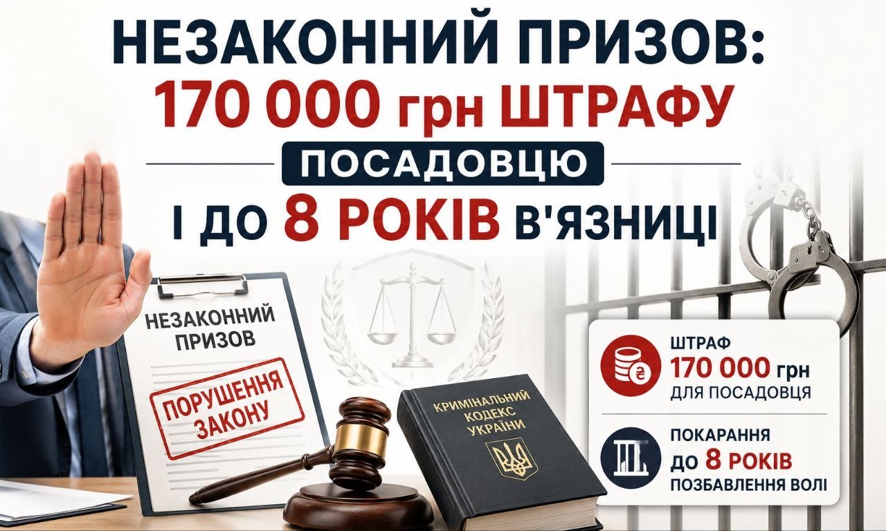 Рука зупиняє незаконний призов, порушення закону, поруч Кримінальний кодекс, терези правосуддя, наручники та інформація про штраф 170 тис. грн і до 8 років в'язниці.