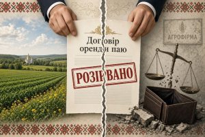 Руки розривають договір оренди паю з печаткою "РОЗІРВАНО", поруч поле, терези правосуддя та порожній гаманець, що символізує банкрутство орендаря.