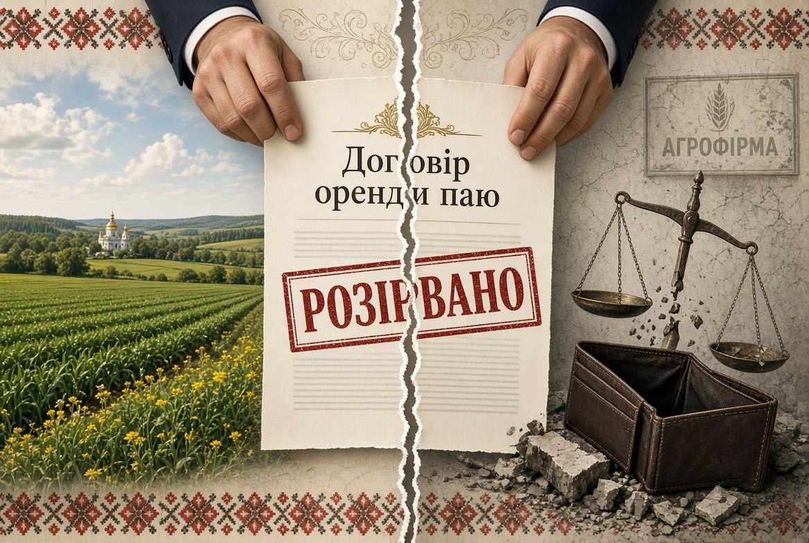 Руки розривають договір оренди паю з печаткою "РОЗІРВАНО", поруч поле, терези правосуддя та порожній гаманець, що символізує банкрутство орендаря.