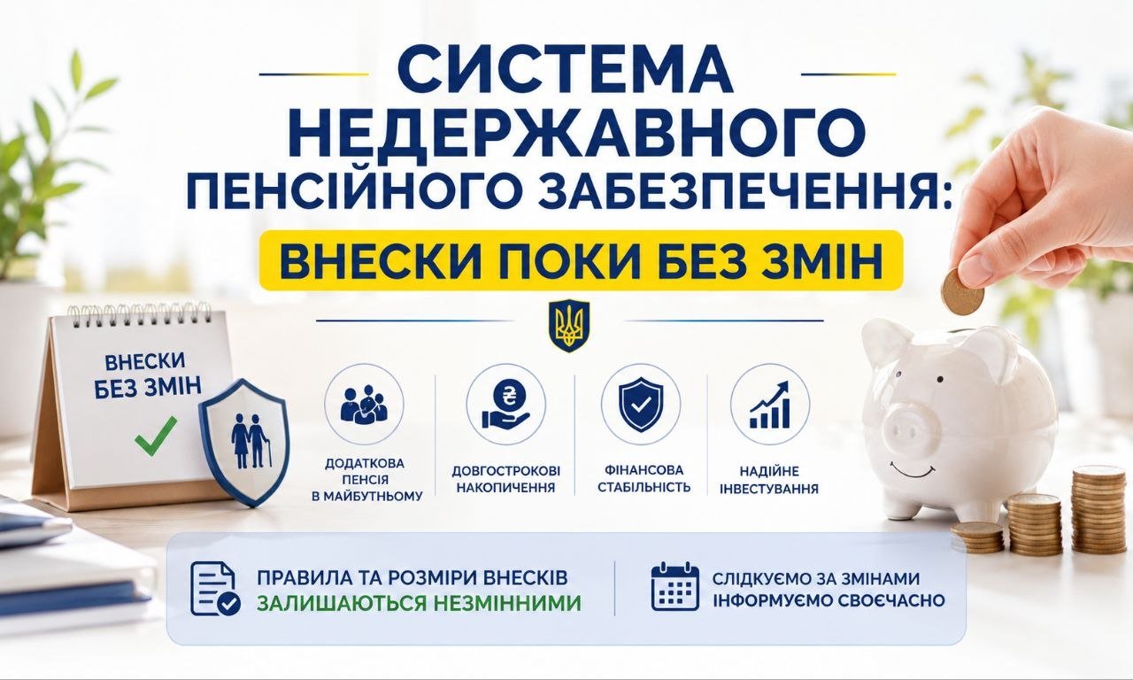 Інфографіка "Система недержавного пенсійного забезпечення: внески поки без змін" із рукою, що кладе монету в скарбничку, та іконками, що символізують стабільність і накопичення.