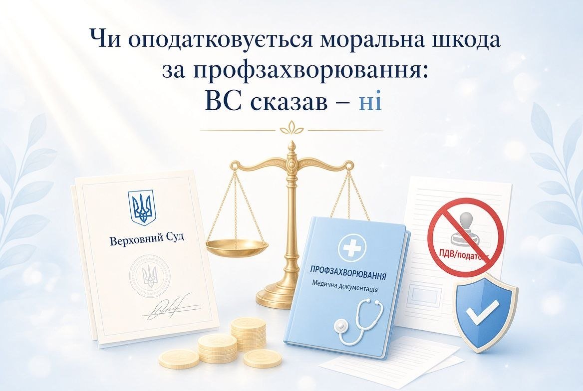 Чи оподатковується моральна шкода? Терези правосуддя, документ Верховного Суду, медична документація профзахворювань та символ відсутності податку, що ілюструє рішення ВС.