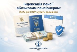 Індексація пенсії військовим пенсіонерам за 2022 рік. На зображенні: посвідчення військового пенсіонера, паспорт, гроші, календар 2022 та щит.