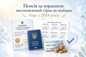 Українське пенсійне посвідчення, паспорт, календарі з шестимісячним строком, монети та банкноти "Борг з 2014". Це ілюструє пенсія за кордоном та борги.