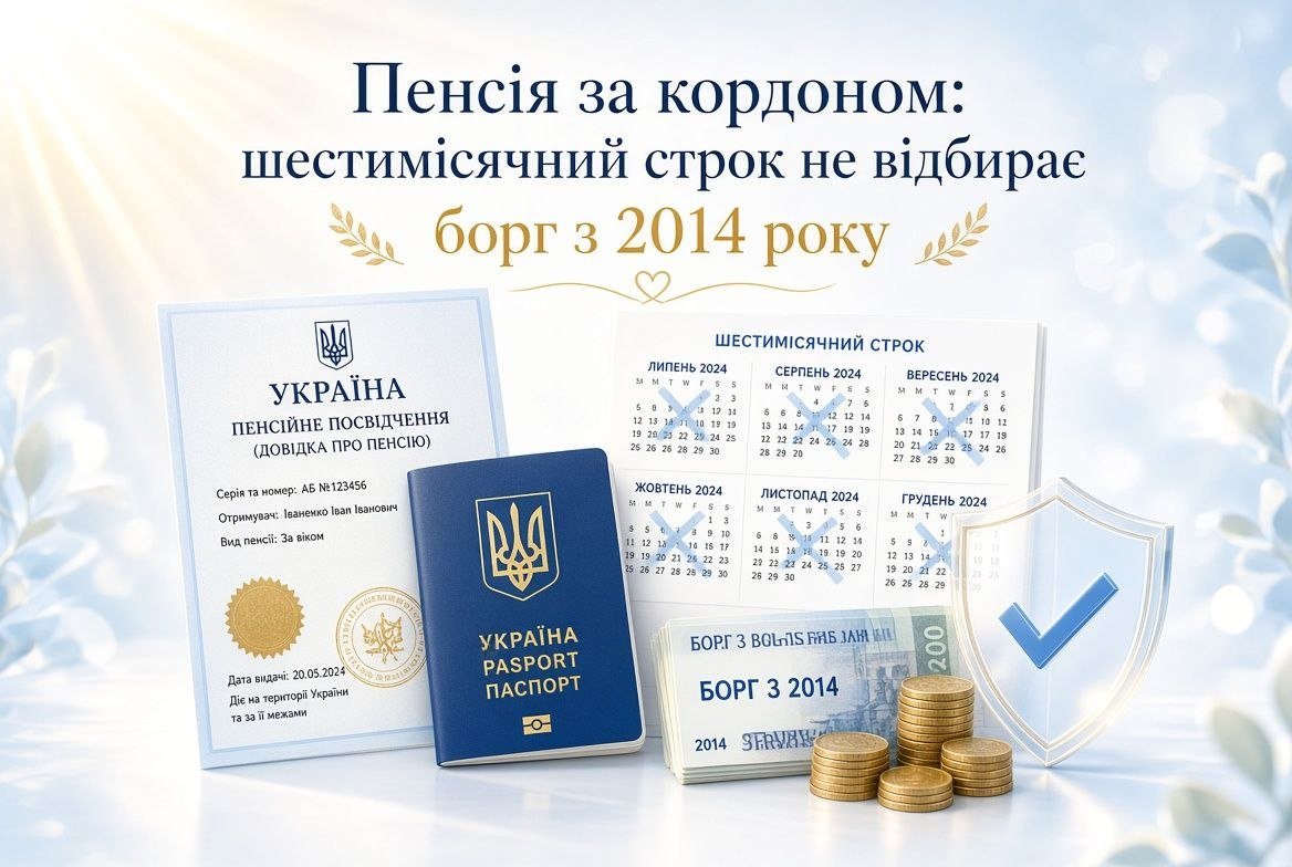 Українське пенсійне посвідчення, паспорт, календарі з шестимісячним строком, монети та банкноти "Борг з 2014". Це ілюструє пенсія за кордоном та борги.