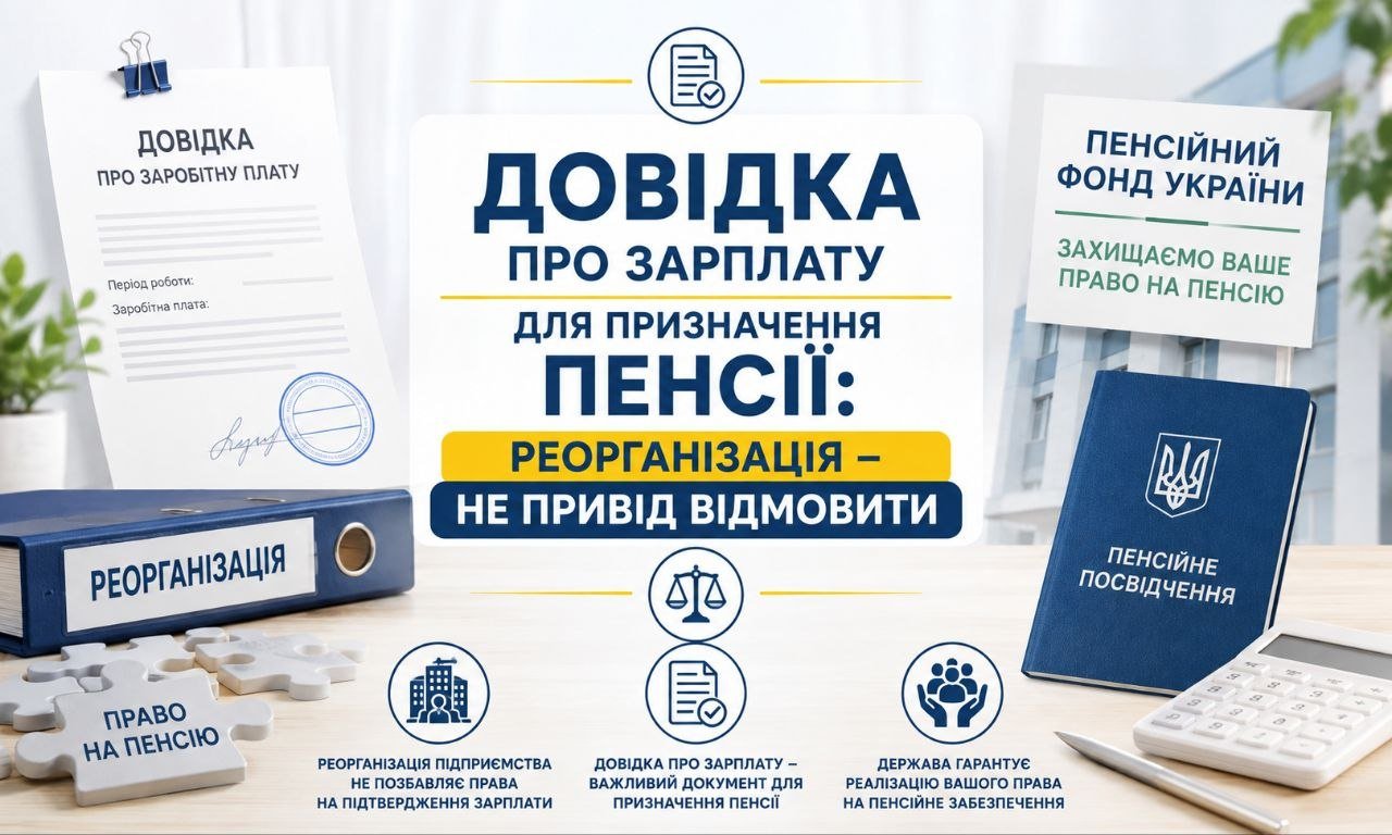 Документи: довідка про зарплату для призначення пенсії, пенсійне посвідчення, папка "Реорганізація" та текст "не привід відмовити".