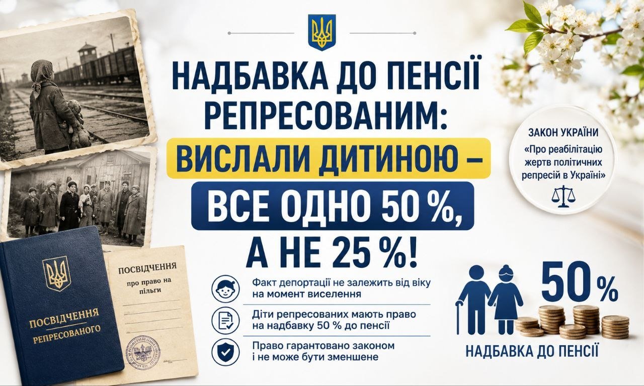 Колаж з чорно-білими фото репресованих, посвідченнями, текстом про 50% надбавку до пенсії репресованим та зображенням монет.