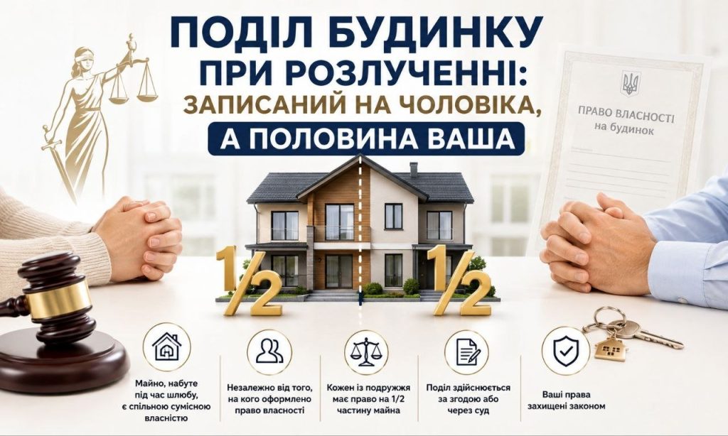 Поділ будинку при розлученні: інфографіка з будинком, розділеним навпіл, Фемідою, молотком та документами, що ілюструє права подружжя на спільне майно.