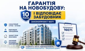 Інфографіка: гарантія на новобудову 10 років, відповідає забудовник за законопроєктом 16071, з будинком, молотком та документом.