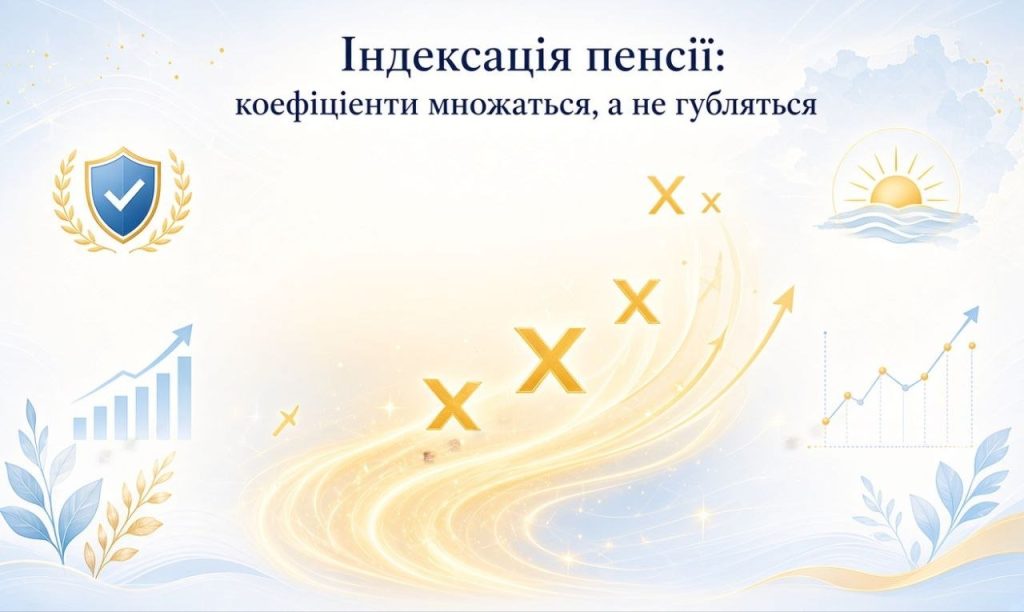 Зображення ілюструє індексацію пенсії, де коефіцієнти (символи "X") множаться, а не губляться, з графіками зростання та щитом захисту.