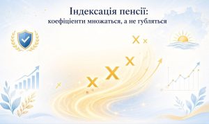 Зображення ілюструє індексацію пенсії, де коефіцієнти (символи "X") множаться, а не губляться, з графіками зростання та щитом захисту.