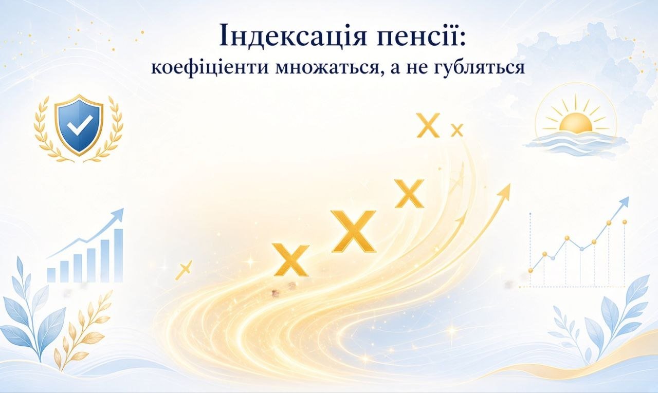 Зображення ілюструє індексацію пенсії, де коефіцієнти (символи "X") множаться, а не губляться, з графіками зростання та щитом захисту.