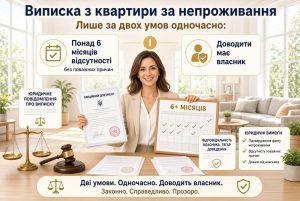 Усміхнена жінка тримає офіційний документ та календар "6+ місяців", ілюструючи умови, щоб виписати з квартири за непроживання за рішенням суду.