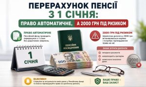 Інфографіка про перерахунок пенсії з 1 січня, що показує автоматичне право на нього, пенсійне посвідчення, гроші та ризики втрати доплати 2000 грн.