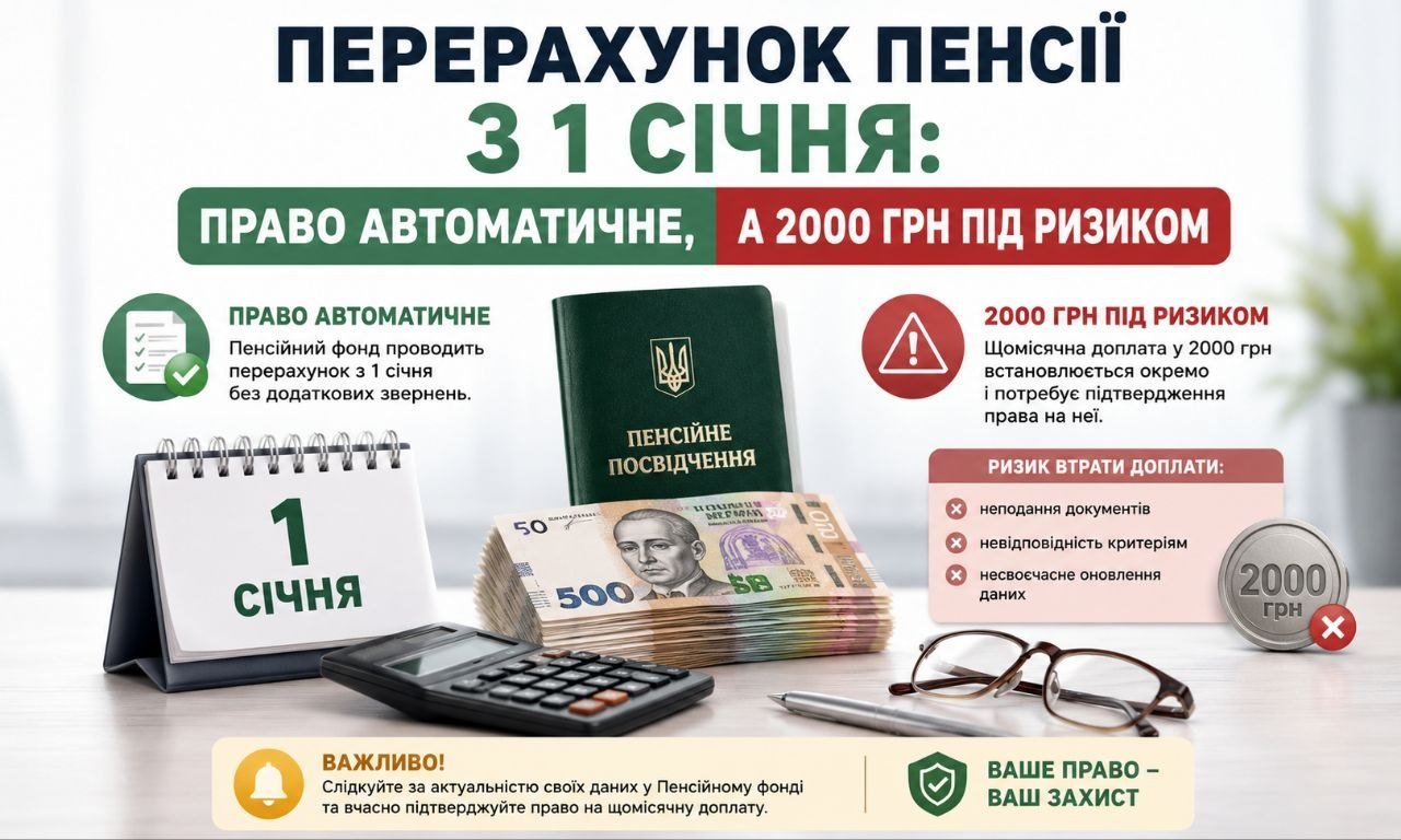 Інфографіка про перерахунок пенсії з 1 січня, що показує автоматичне право на нього, пенсійне посвідчення, гроші та ризики втрати доплати 2000 грн.
