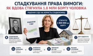 Жінка з рішенням суду про стягнення 1,8 млн грн боргу чоловіка, поряд фото, гроші та ваги, що ілюструє спадкування права вимоги.