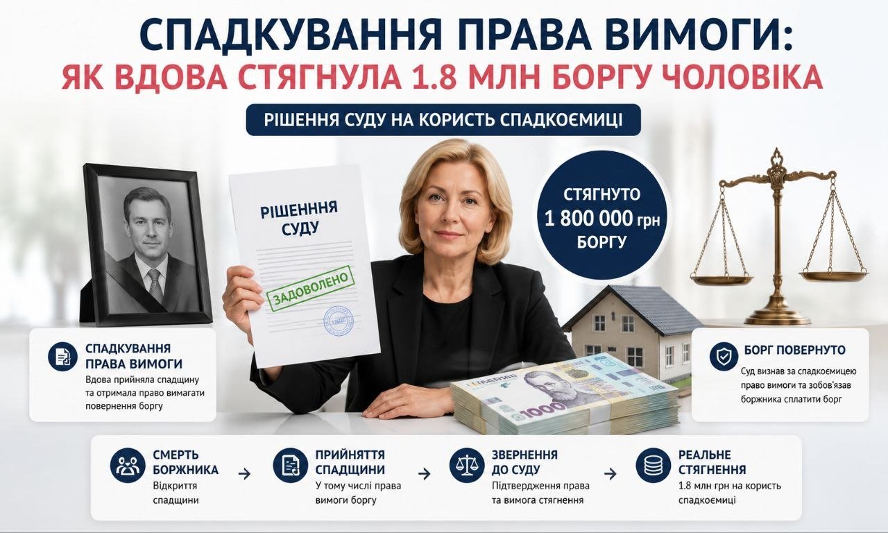 Жінка з рішенням суду про стягнення 1,8 млн грн боргу чоловіка, поряд фото, гроші та ваги, що ілюструє спадкування права вимоги.