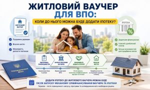 Інфографіка показує, як житловий ваучер для ВПО може бути поєднаний з іпотекою, з родиною, що тримає модель будинку, та посвідченням ВПО.