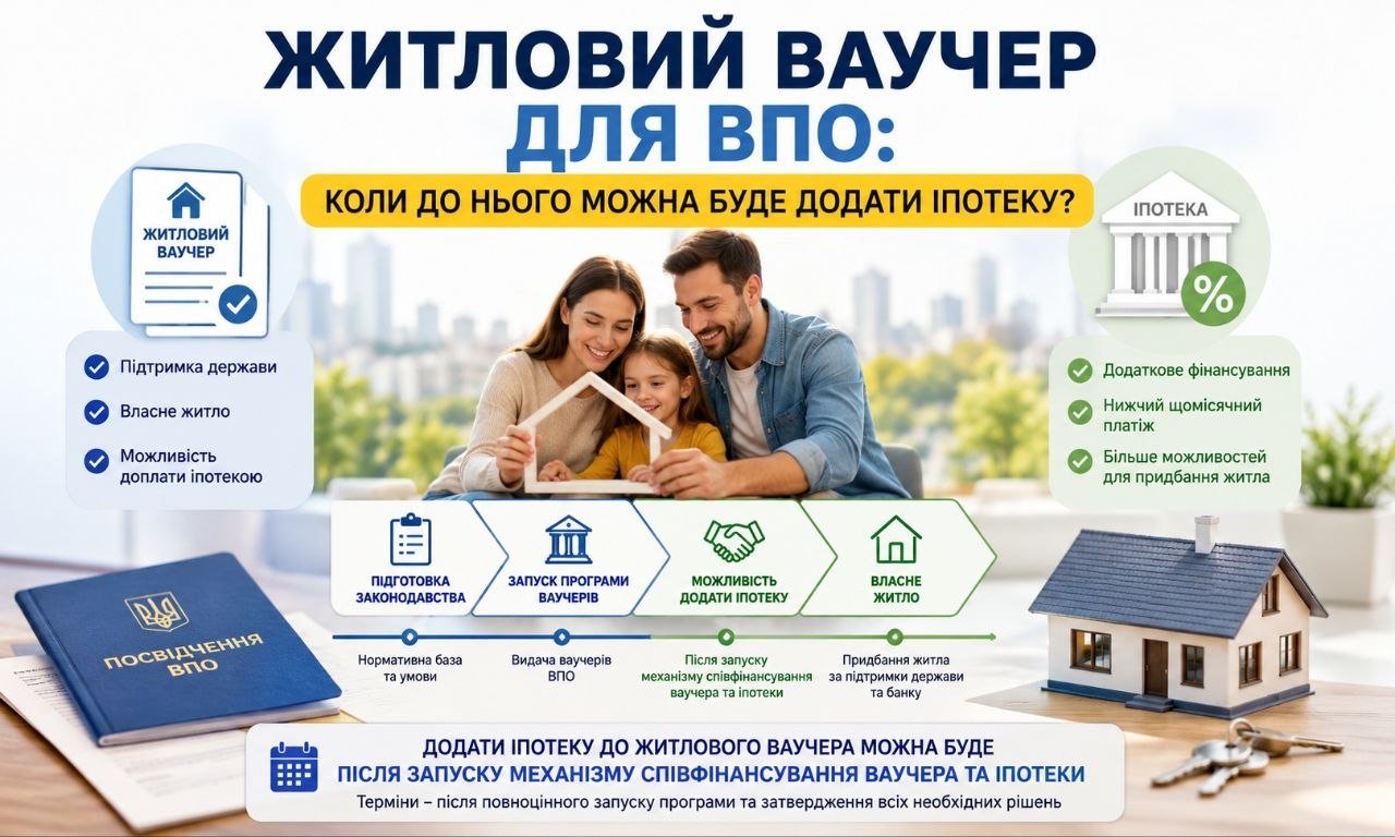 Інфографіка показує, як житловий ваучер для ВПО може бути поєднаний з іпотекою, з родиною, що тримає модель будинку, та посвідченням ВПО.