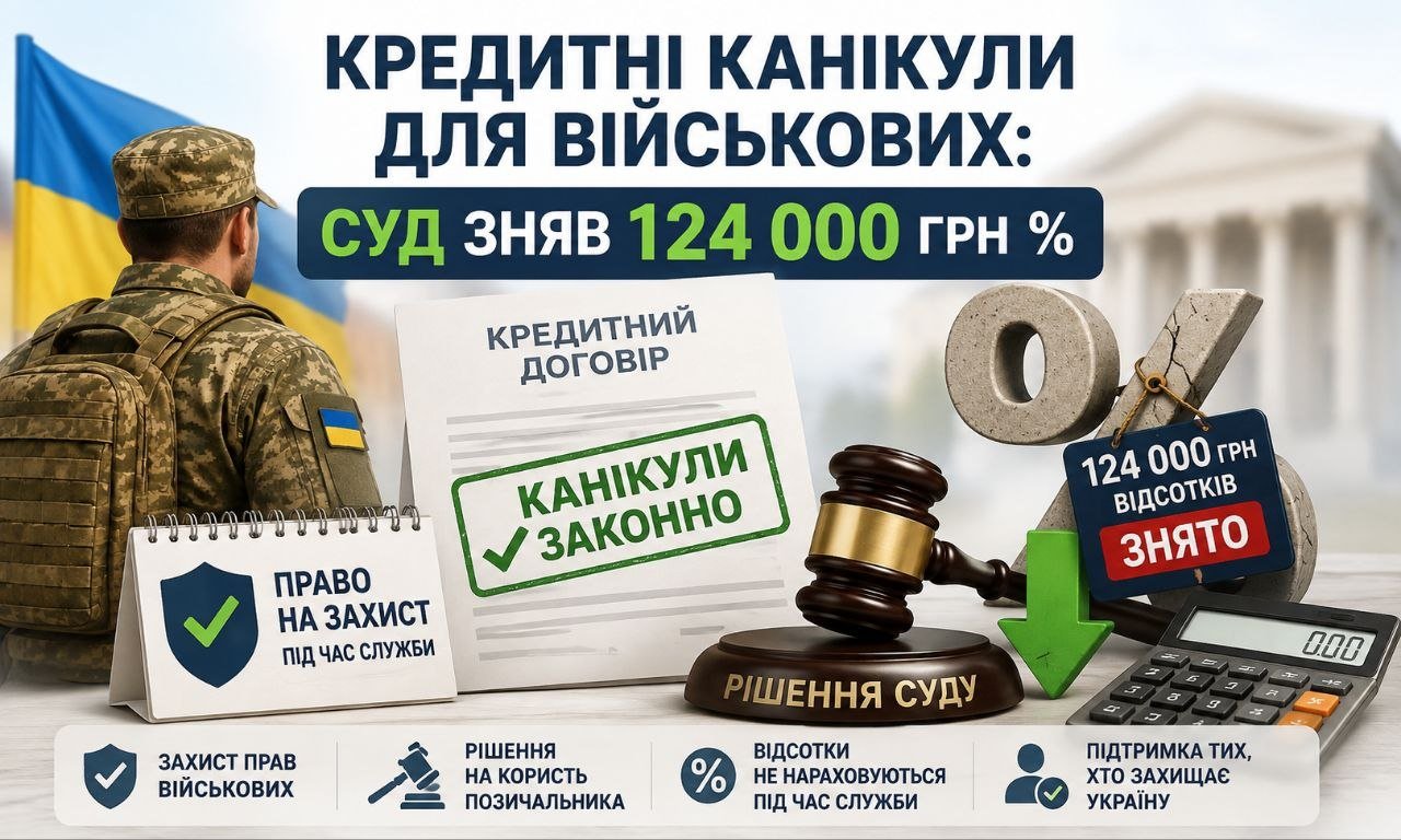 Український військовий на тлі прапора, документи про кредитні канікули для військових та рішення суду про зняття 124 000 грн процентів.