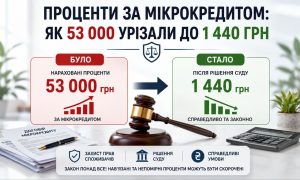 Інфографіка показує, як проценти за мікрокредитом були зменшені з 53 000 до 1 440 грн завдяки рішенню суду та захисту прав споживачів.