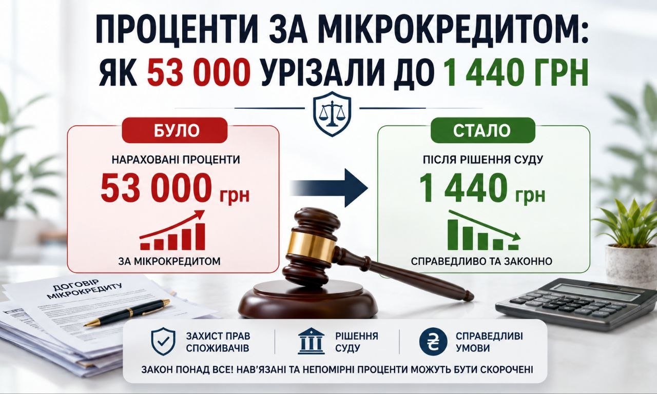Інфографіка показує, як проценти за мікрокредитом були зменшені з 53 000 до 1 440 грн завдяки рішенню суду та захисту прав споживачів.