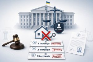 Зображення суду, терезів, будинку з перекресленим ключем та трьох інстанцій, де власник програв справу про припинення права користування житлом.