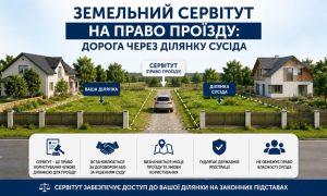 Земельний сервітут на право проїзду: автомобіль їде дорогою між вашою ділянкою та ділянкою сусіда, що ілюструє право доступу.