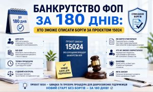Інфографіка "Банкрутство ФОП за 180 днів" з календарем, книгою "Проєкт Закону 15024" та описом процедури списання боргів.