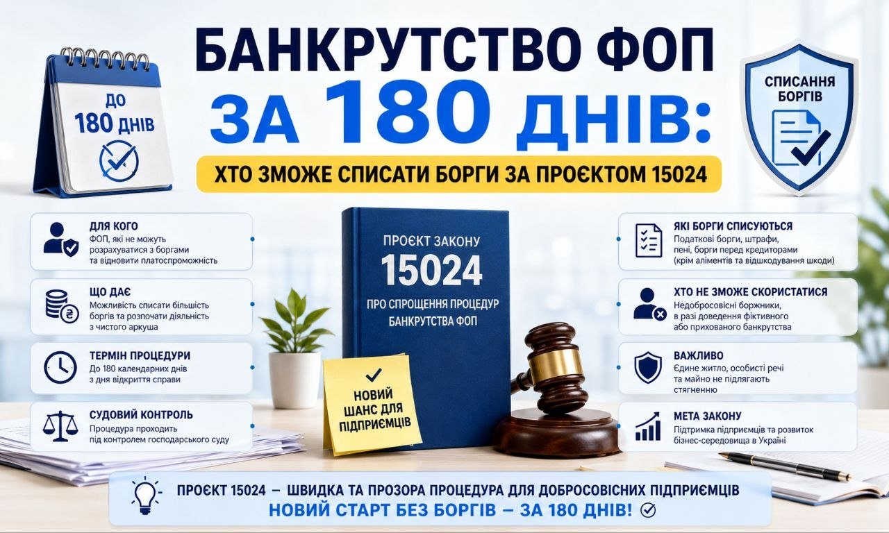Інфографіка "Банкрутство ФОП за 180 днів" з календарем, книгою "Проєкт Закону 15024" та описом процедури списання боргів.
