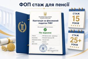 Квитанція за фіксований податок ПФУ, що підтверджує фоп стаж для пенсії, із зазначенням "Не відкине" та календарями стажу 15 та 25+ років.