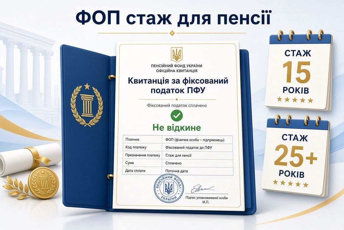 Квитанція за фіксований податок ПФУ, що підтверджує фоп стаж для пенсії, із зазначенням "Не відкине" та календарями стажу 15 та 25+ років.